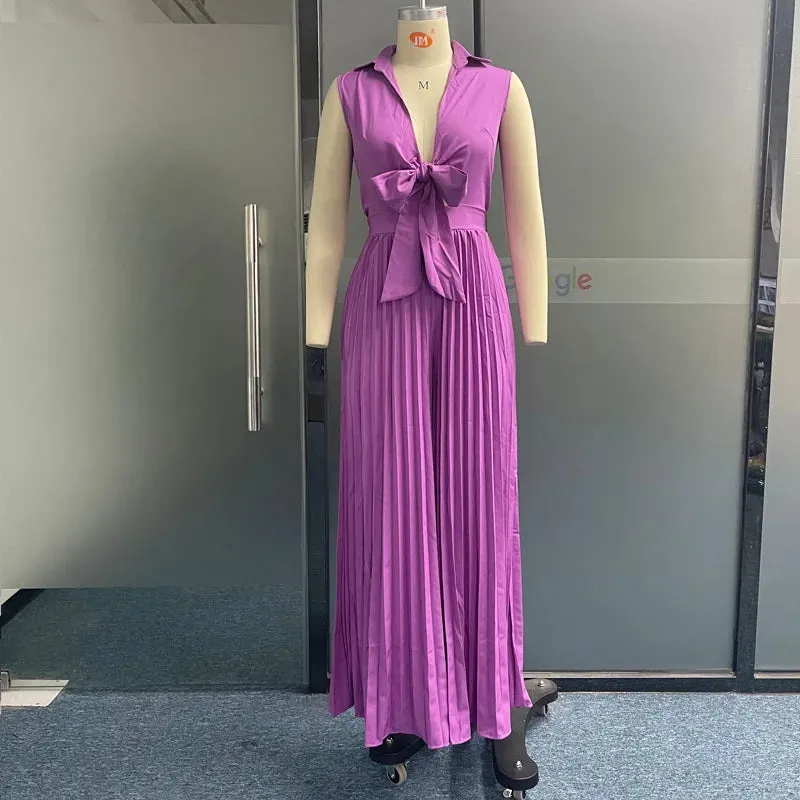 Znbbw Women Jumpsuit Summer Fashion V Neck Sleeveless Lapel Solid Pleated Lace Up Loose Wide Legs Romper High Streetwear - Image 5