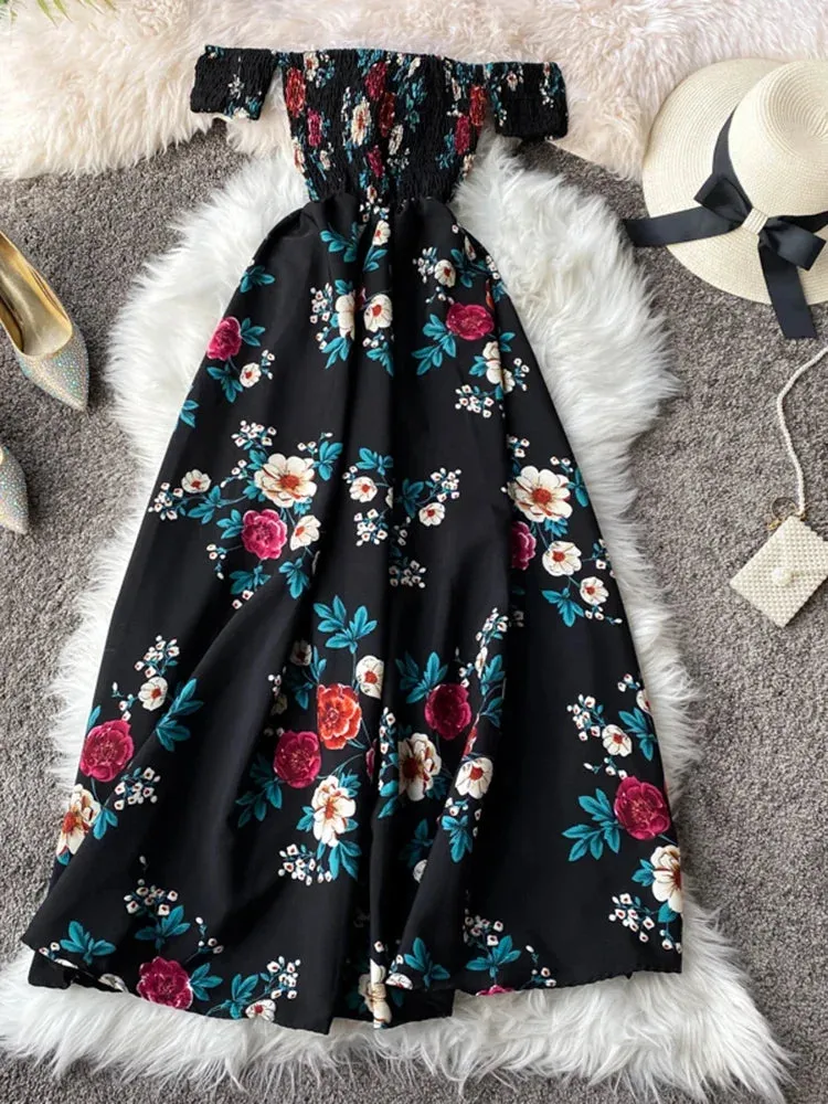 Znbbw Women's Irregular Slit Print Floral Long Dress One-way Neck Strapless Chest Wrap Short Sleeve Dresses LL006 - Image 3