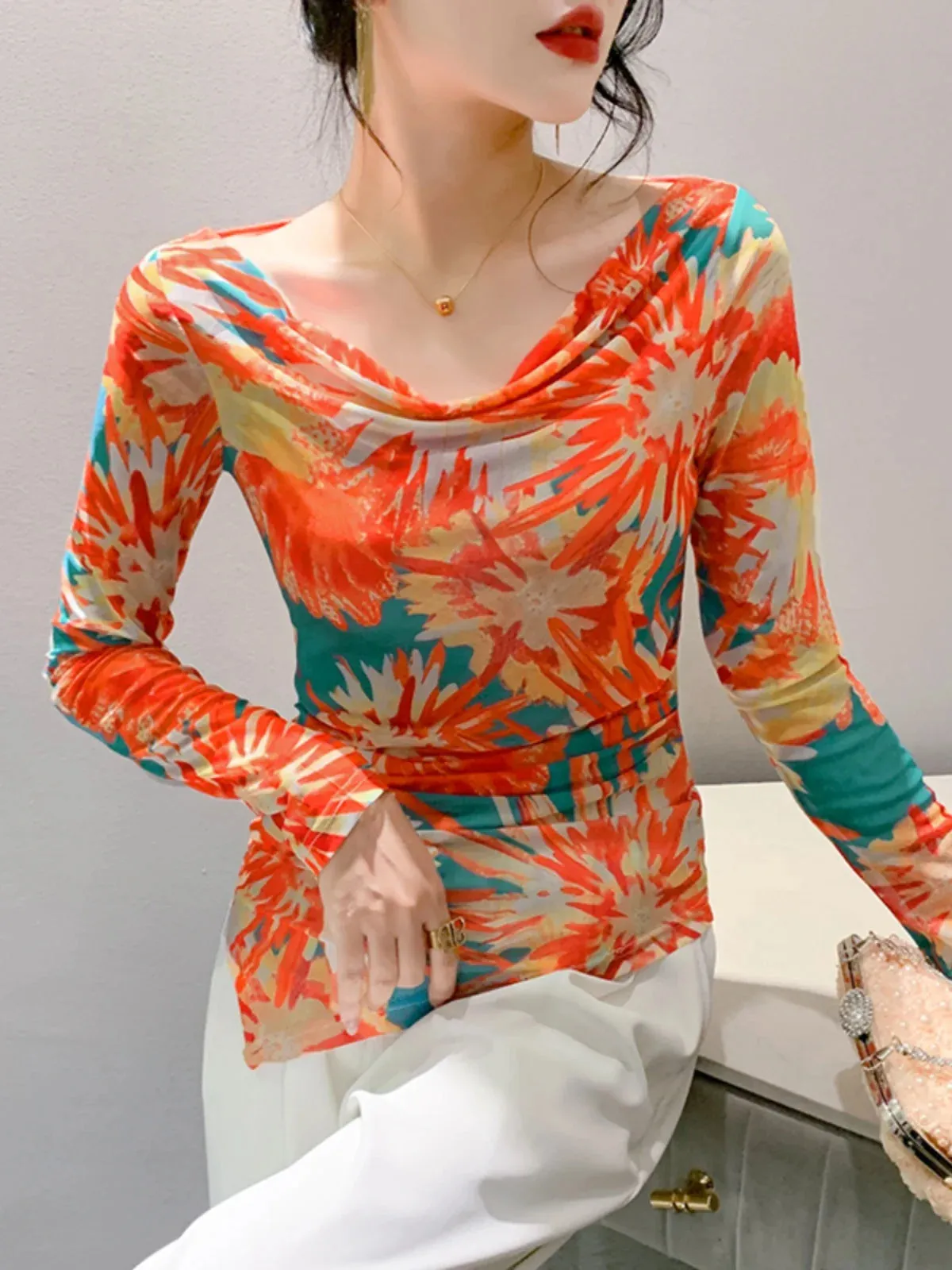 Znbbw Autumn Mesh T-shirt Women Full Sleeve Irregular Hem Elegant High Stretch Slim Top - Image 2