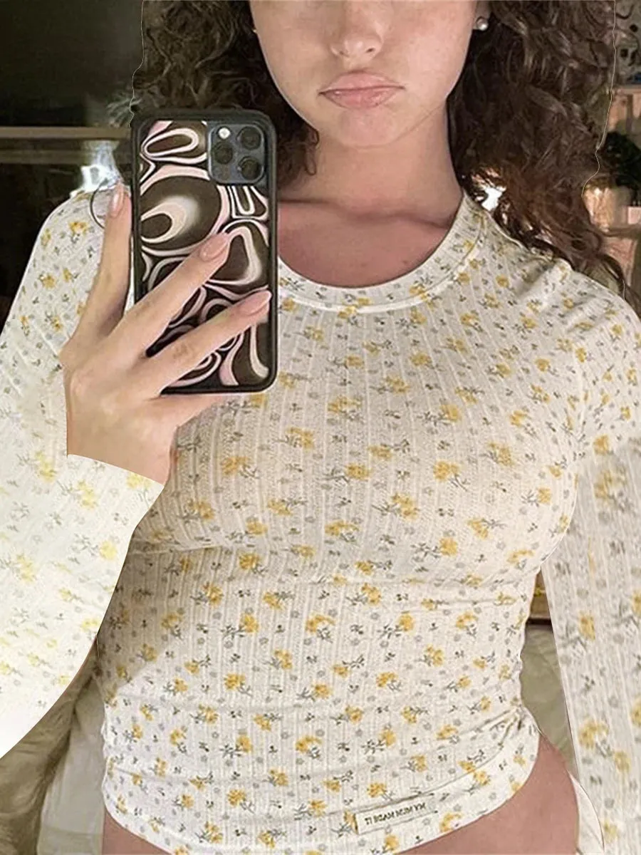 Znbbw Women Spring Summer Two Pieces Knitted Shorts Set Long Sleeve Floral T-shirts Crop Tops High Waist Shorts Outfits Streetwear - Image 5