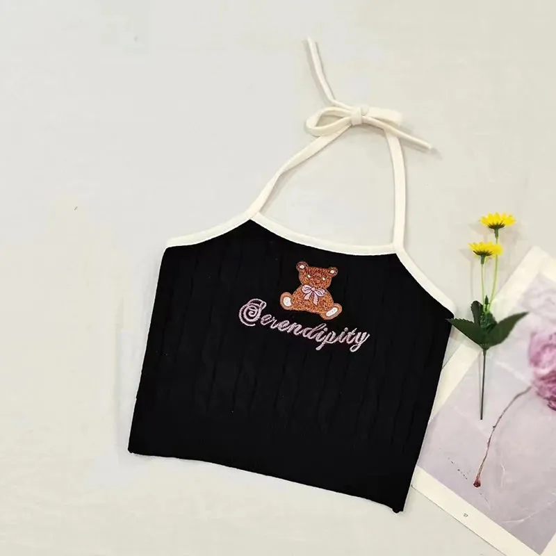 Znbbw Women's Camisole Letter Bear Embroidery Knitted Tank Top Korean Version Camisole - Image 5