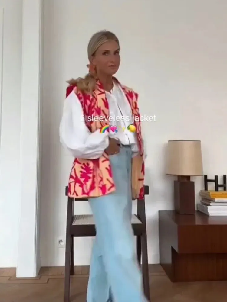 Znbbw Women's V-neck Vintage Printed Vest Coat Lady Fashion Casual Loose Sleeveless Tops 2023 Female Chic Elegant Club Street Wear - Image 2