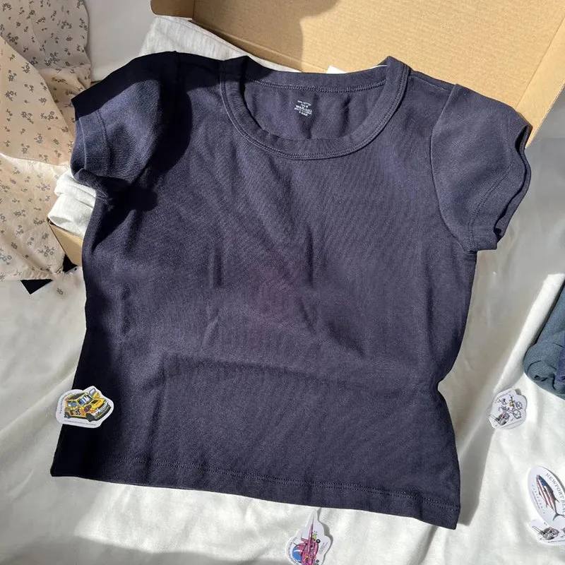 Znbbw Women Solid Vintage Slim T-shirts Cute Sweet Round Neck Short Sleeve Cotton Y2k Crop Top Harajuku Summer Basic Casual Tees Tops - Image 2