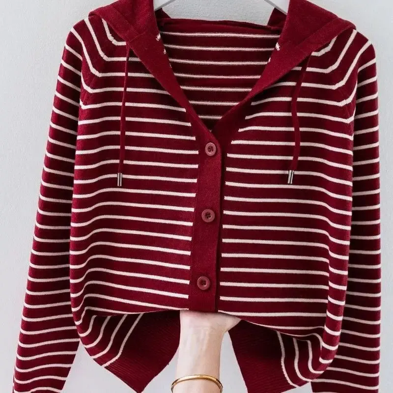 Znbbw Autumn/Winter New Hooded Knit Cardigan Sweatshirt Western Loose Striped Hooded Top - Image 6