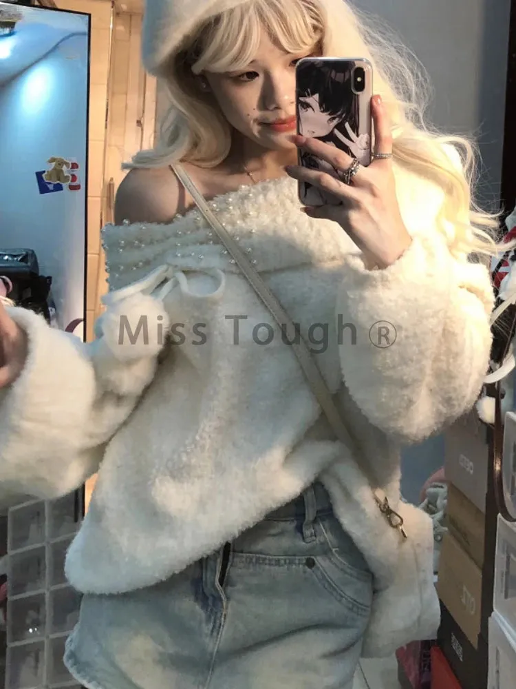 Znbbw Y2k Sexy Knitted Sweaters Women Off Shoulder Pearl Plush Ball Sweet Pullovers Famele Long Sleeves Casual Tops 2024 New - Image 3