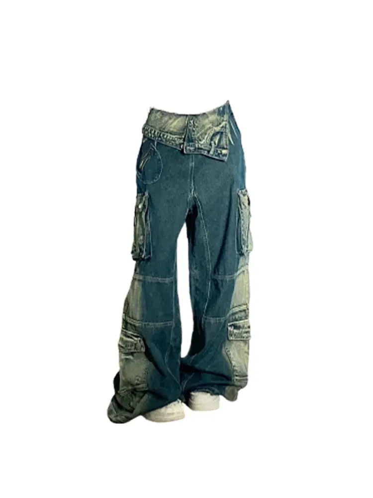 Znbbw Women's Blue Cargo Jeans Vintage Baggy High Waist Denim Trousers Harajuku 90s Korean Y2k Cowboy Pants 2000s Trashy Clothes 2024 - Image 2