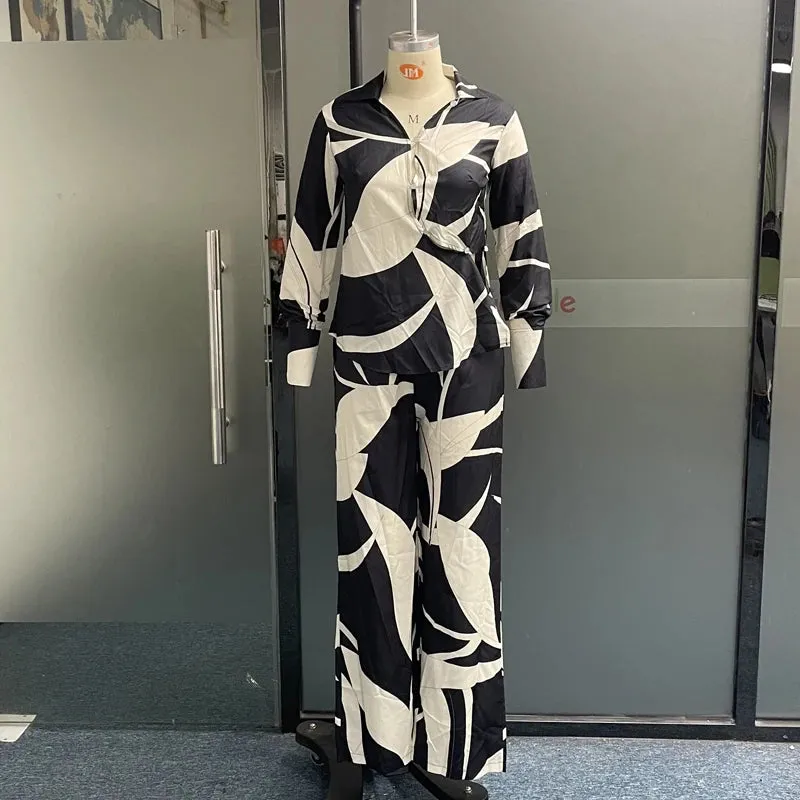 Znbbw Women Two Piece Set Casual Printed Lapel Long Sleeve Shirt Cutout IrregularTop Loose Wide Legs Pants Sets Streetwear - Image 3