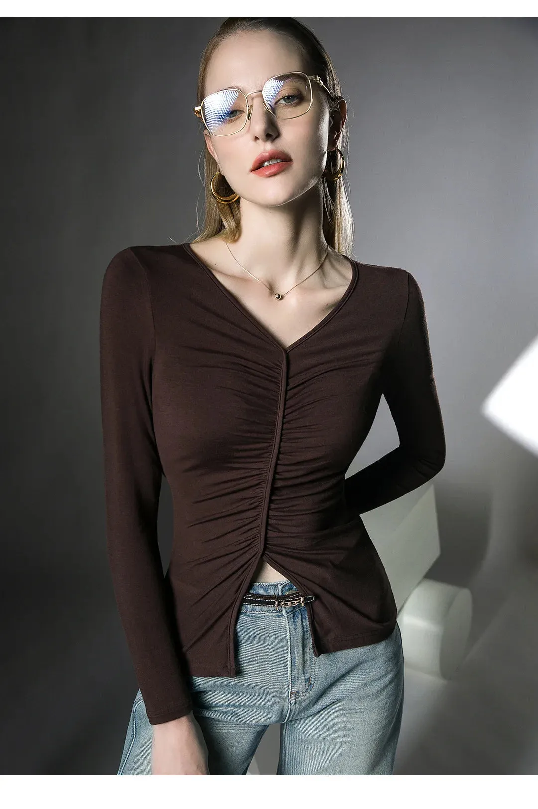 Znbbw Women V-neck Long Sleeve T-shirts Tees Girls Solid Slim Folds Split Tees T shirts Tops For Female Real Photos - Image 4