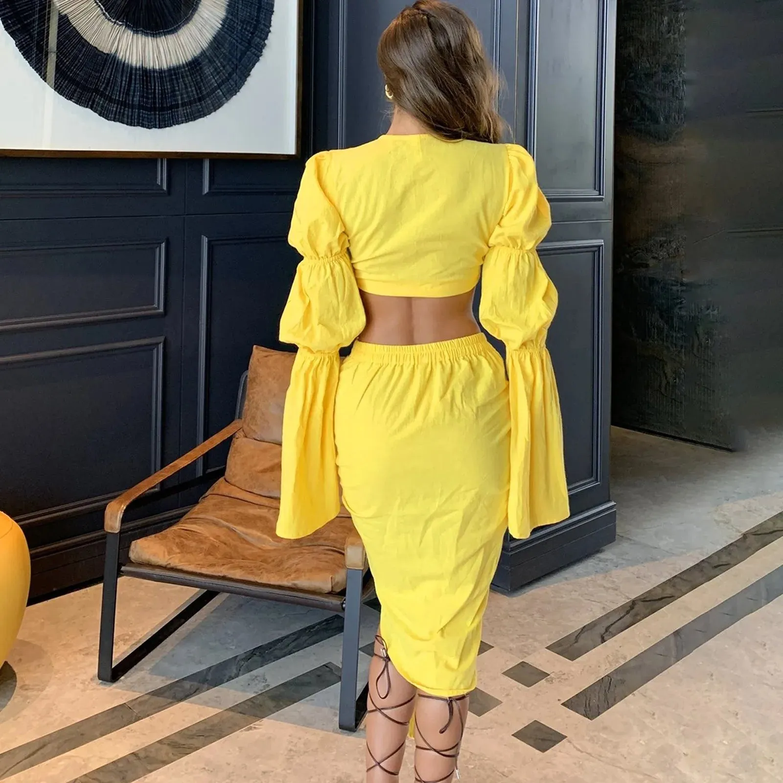 Znbbw Women's Fashion Cut Out Slit Waist Skirt With Lantern Long Sleeve V-Neck Top Sexy Bandage Evening Night Club Tight Dresses - Image 4