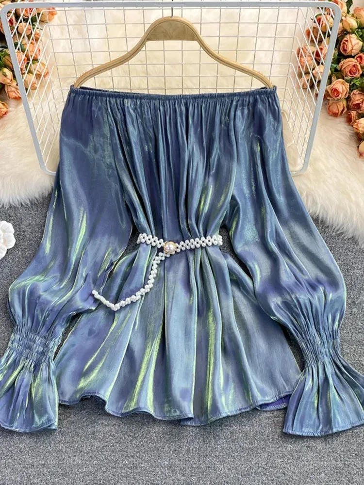 Znbbw Autumn Women's Mid-length Chiffon Blouse with Waistline Neckline Flared Sleeve Shirt Women GD610 - Image 8