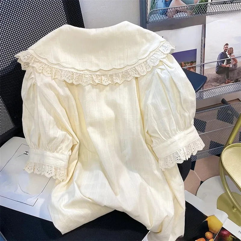 Znbbw Women Shirt Peter Pan Collar Floral Embroidery Hollow Out Ruffles Blouses French Casual Fashion Sweet Short Puff Sleeve Tops - Image 3