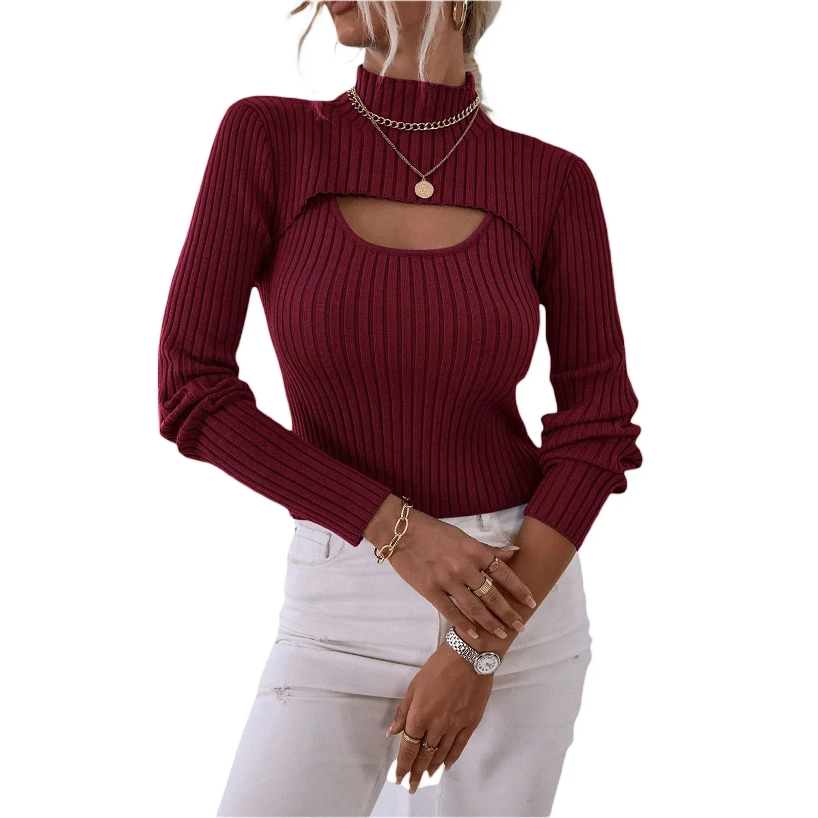 Znbbw Women's Spring Autumn Outfit Sets Solid Color High Neck Long Sleeve Short Knitwear Ribbed Sling Vest Shirt 2pcs Knitted Clothes - Image 9