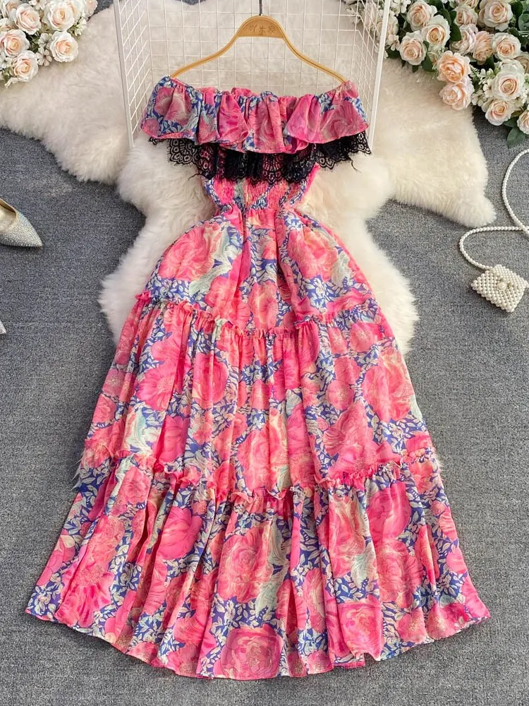 Znbbw Women Summer Dress Off Shoulder Open Shoulder Lotus Leaf Edge Close Waist Slim Print A-line  Big Hem Long Dress D2803 - Image 2