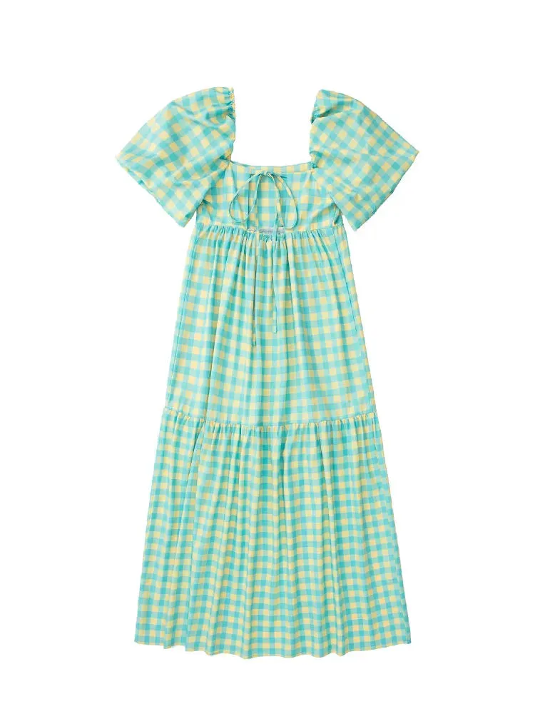 Znbbw ZBZA 2023 Plaid Print Ruffle Lace Up Square Neck Checked Dress Short Sleeve Tie Up Strap Gingham Midi Dress Women 202305