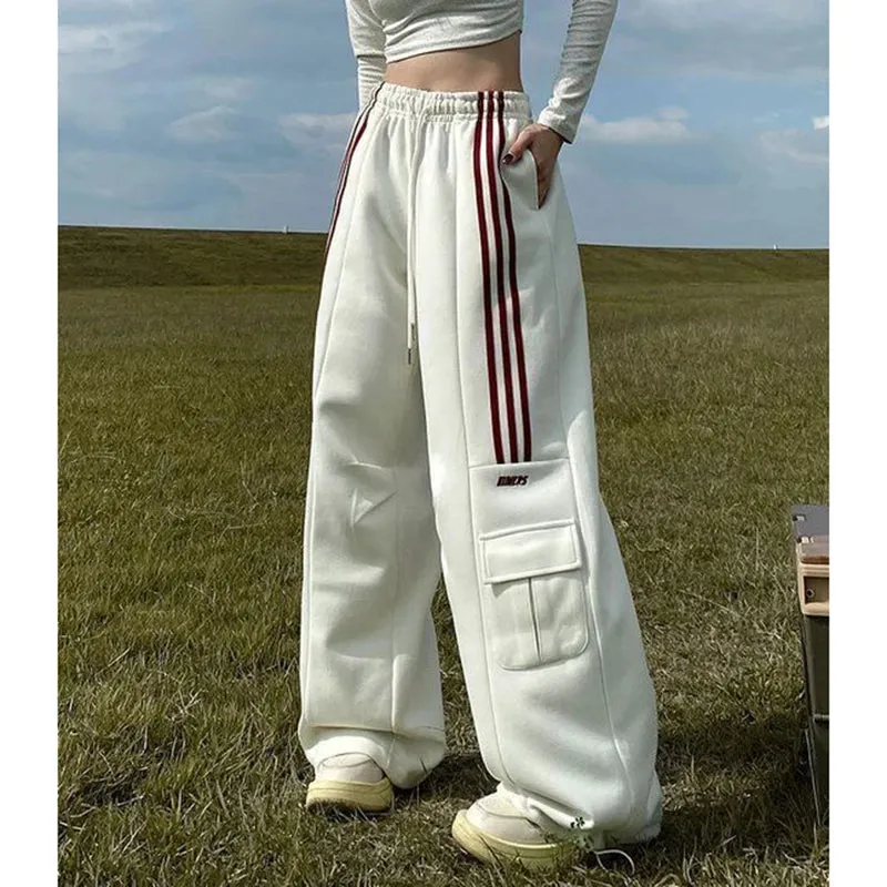 Znbbw Women Streetwear Sweatpants American Retro Striped Loose Wide Leg Pants Casual Female Large Pocket Cargo Trousers New - Image 2