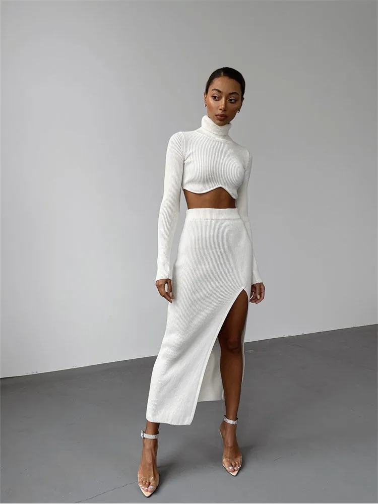 znbbw Autumn Sexy Solid Ribbed 2 Two Piece Sets Club Outfit For Women 2023 Long Sleeve O Neck Crop Top And Skirt Sets Female - Image 6