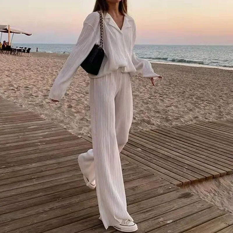 Znbbw Women Two Piece Set Loose Elegant Pleated Blouses and High Waist Wide Leg Trousers Casual Matching Sets Ladies Female Outfits - Image 2