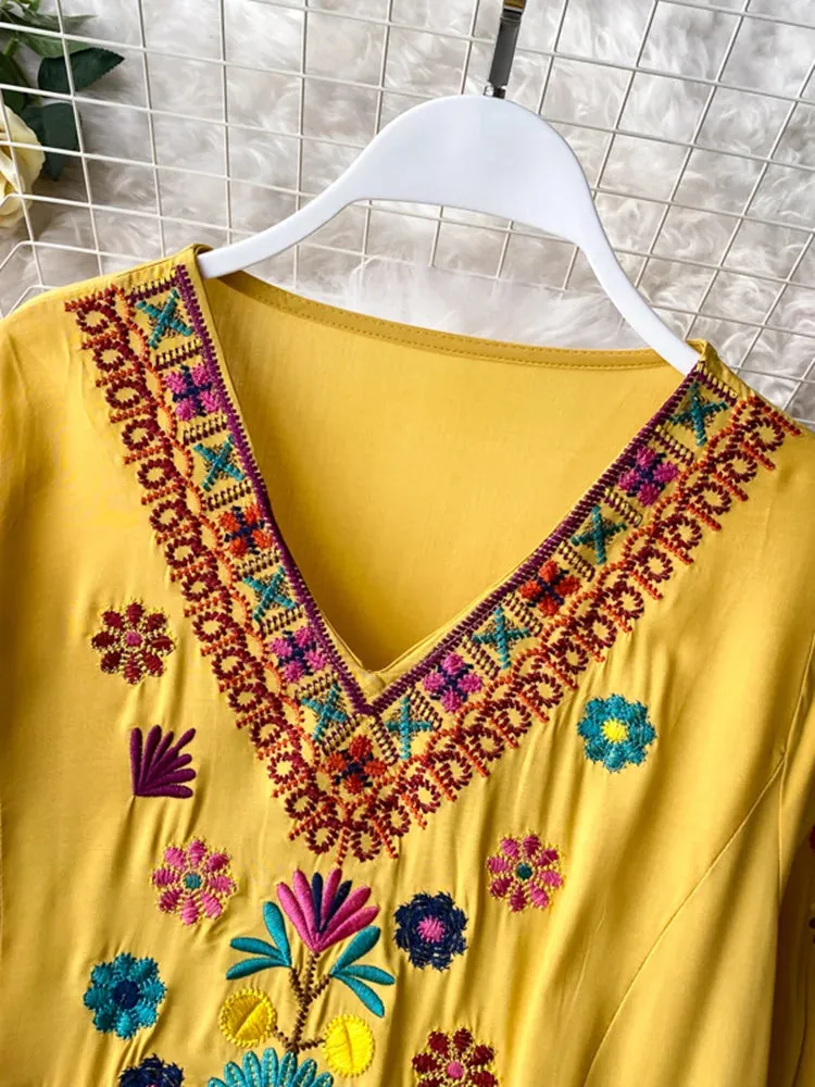 Znbbw Autumn Women Dress Seaside Vacation Beach Skirt Bohemian Loose Ethnic Style Temperament Embroidered V-Neck Dress D1827 - Image 5