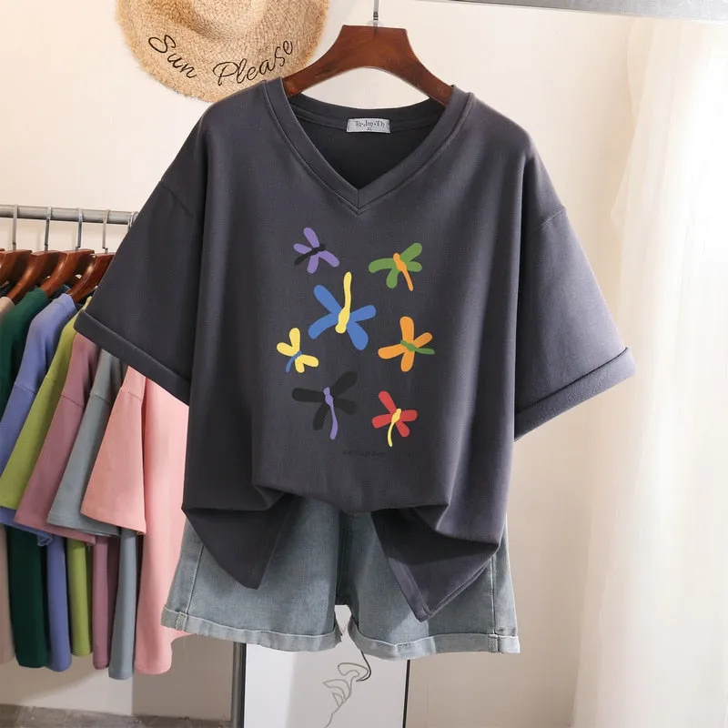 Znbbw 100% Cotton L-5XL T Shirt Plus Size Tshirt Short Sleeve Cartoon Women Top Summer Sweet Couple V Neck Oversized T Shirts - Image 12