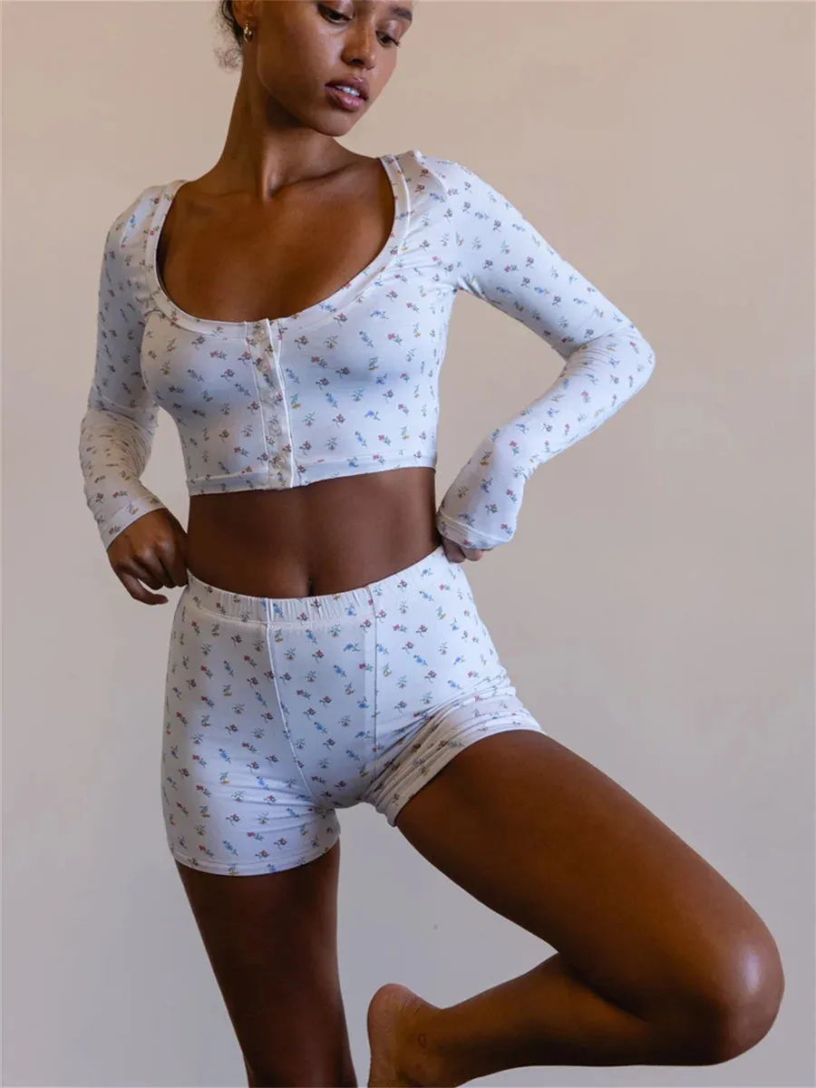 Znbbw Women's Fall Vintage Clothes 2Pcs Outfits Flower Print Short Sleeve Button Tops + High Waist Shorts Set 2023 Autumn Pajamas Sets - Image 6