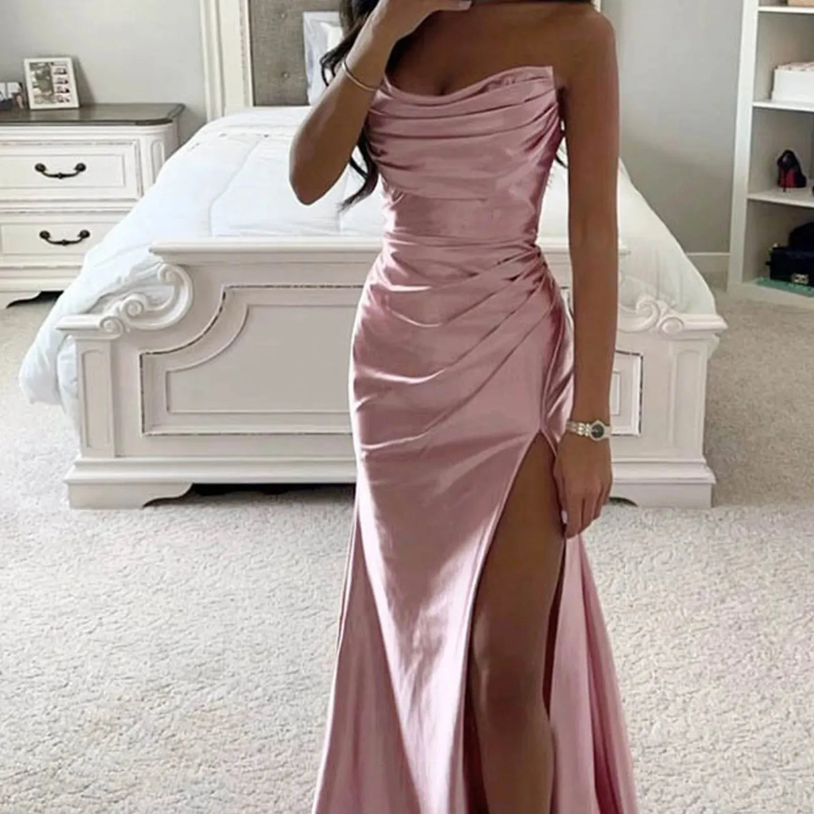 Znbbw Backless Satin Banquet Prom Dress Women Summer Elegant Off Shoulder Ruched Bodycon Evening Party Dress Female Pink Vestidos
