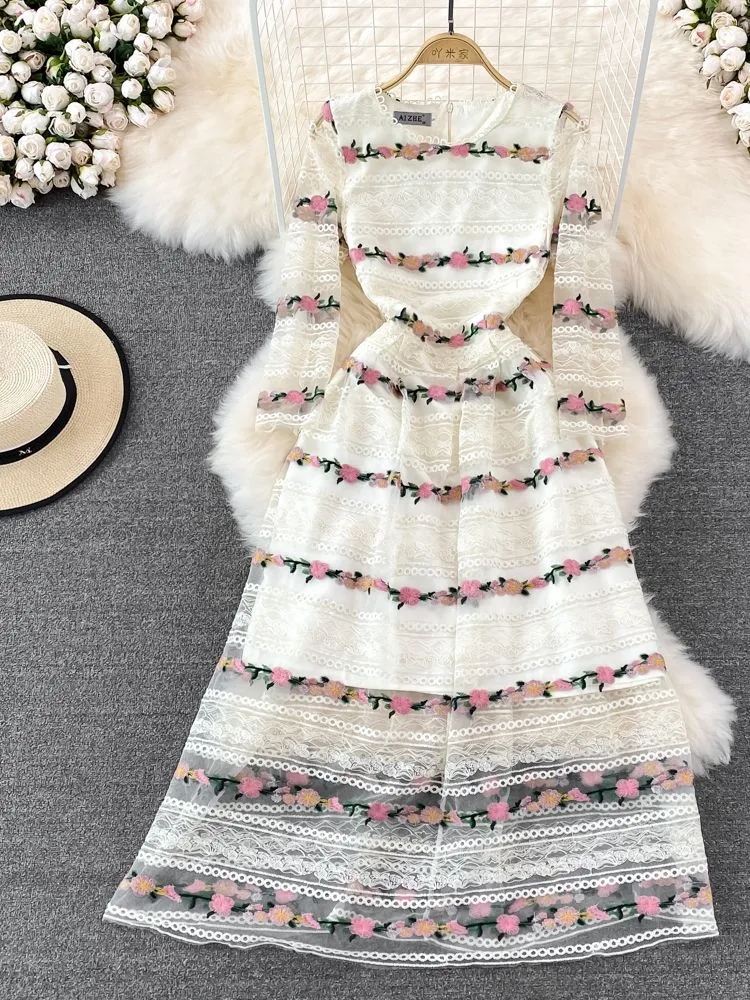 Znbbw Women Flower Embroidery Lace Dress Sweet Hollow Out Slim Long Sleeve Midi Dress 2023 Summer High waist Party Vestidos - Image 2
