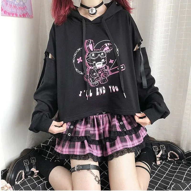 Znbbw Autumn New Hoodies Punk Gothic Patchwork Hollow Out Y2k Clothes Cartoon Print Casual Loose Preppy Style Crop Sweatshirts - Image 3