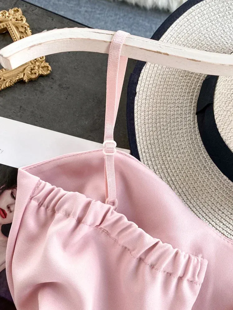 Znbbw Women's Blouse Korean Style Solid Color Ruffled Irregular Sling Shirt New Pleated Waist Sling Suspender Tops LL957 - Image 3