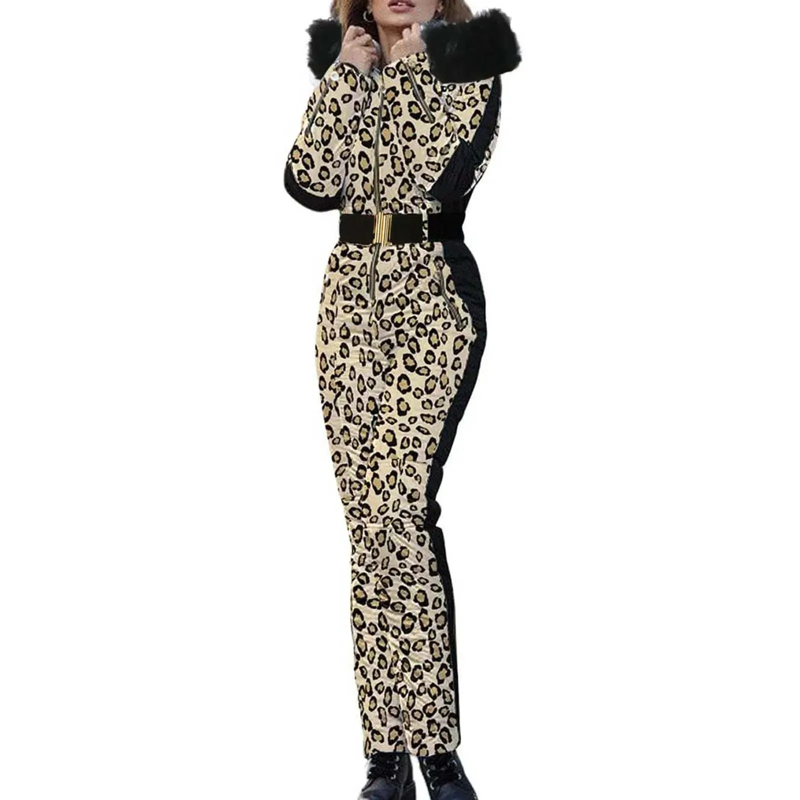 Znbbw Womens Winter Fashion Plaid Print Ski Jumpsuits Waterproof Snowsuit Outdoor Sports Removable Faux Wool Collar Coat Jumpsuit - Image 7