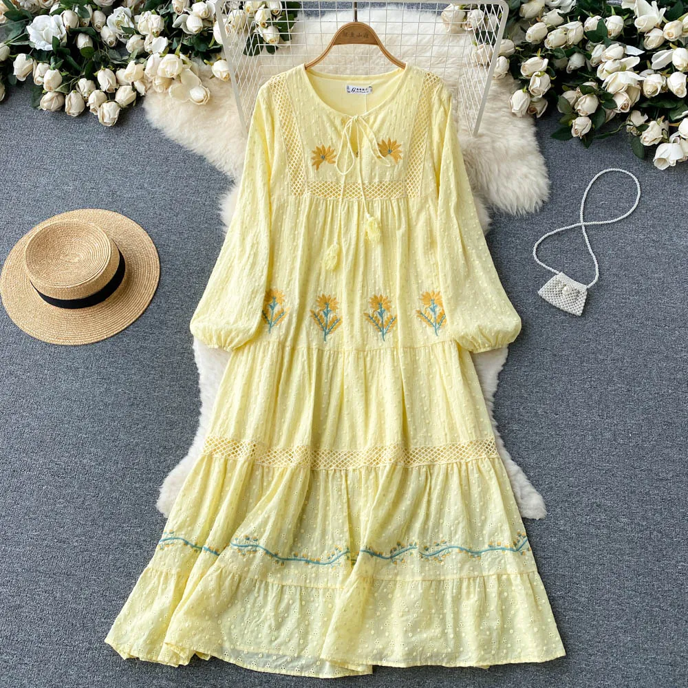 Znbbw Autum New Bohemian Holiday Style V Neck Dress Female Puff Sleeves Loose Large Version Mid-length Vestidos Women D1331 - Image 6
