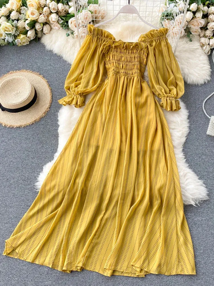 Znbbw Women's Dress New Square Collar Wooden Ear Bubble Sleeve Dress Korean Style Waist Slim Chiffon Female Dresses LL087 - Image 2