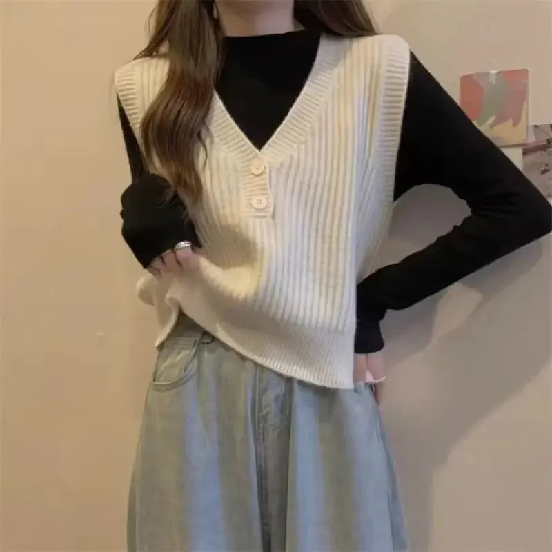 Znbbw Knitted Vest for Women's Spring and Autumn Design Sleeveless V-neck Sweater Japanese Style Is Lazy and Retro - Image 5