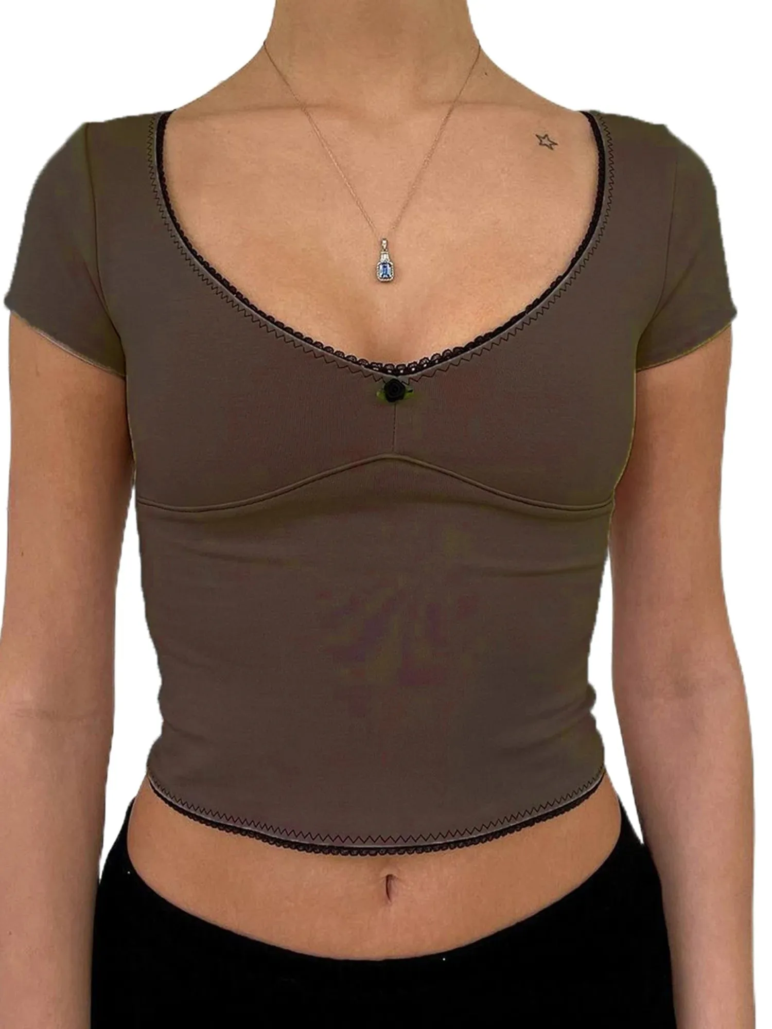 Znbbw Women Y2k 3D Flower Crop Tops Fairy Grunge Short Sleeve T-Shirt Slim Fit Aesthetic T-shirt Tees Summer Vintage Streetwear - Image 7