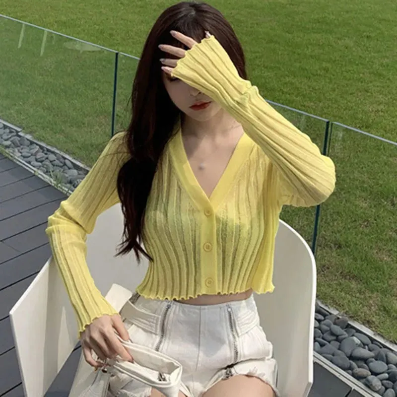 Znbbw Women's V-neck Thin Top Sunscreen Button Knitted Cardigan Short Slim Fitting Long Sleeved Cardigan - Image 4