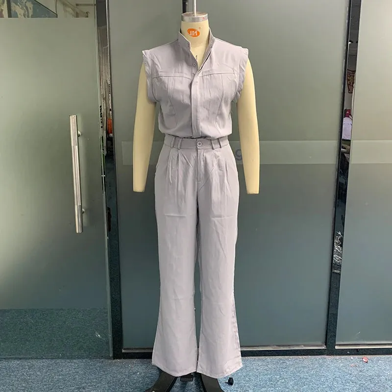 Znbbw Women Two Piece Set Summer Office Fashion Solid V Neck Sleeveless Top Casual Loose With Pockets Pants Sets Streetwear - Image 4