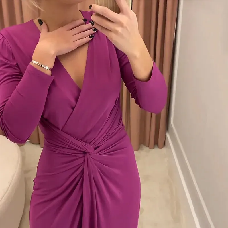 Znbbw Women Maxi Dress Summer Fashion Solid V Neck Slit Long Sleeve Pleated Nipped Waist Slim Sexy Evening Party Long Dresses - Image 3