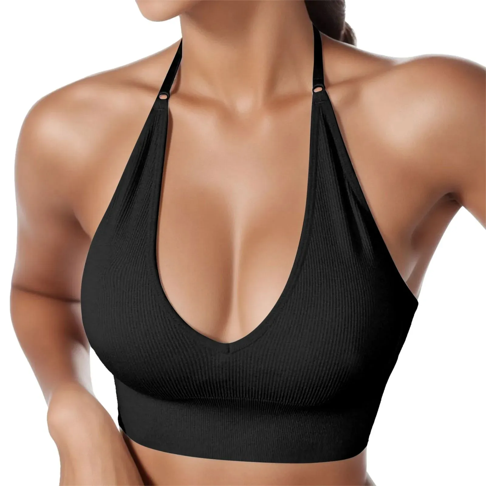 Znbbw Women's Halterneck Sports Bra Sexy Backless Deep V Neck Sports Bustier Padded Sexy Gym Push Up Bra Backless Woman Sports Bar - Image 2