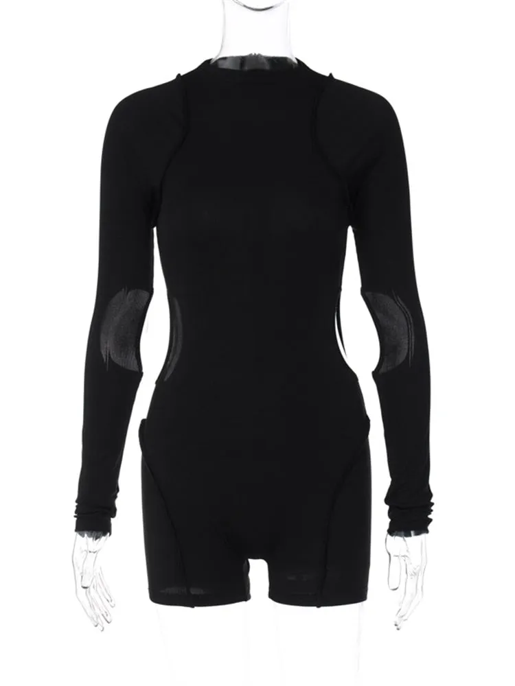 znbbw Autumn Sexy Solid Hollow Out Bodycon Romper Club Outfit For Women 2023 Long Sleeve O Neck One Pieces Female Playsuit - Image 3