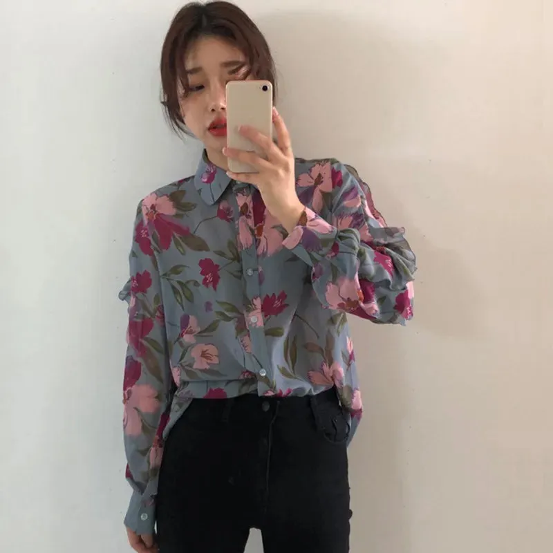 Znbbw Women's Chiffon Shirt Floral Print V-Neck Long Sleeve Fashion Cozy Loose Blouse - Image 6