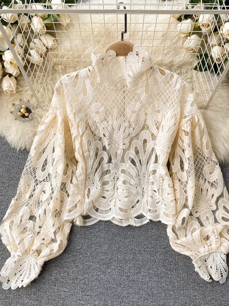 Znbbw 2023 New Fashion Blouse Female Hollow Lantern Sleeve Temperament Blusa Stand-up Collar Slim Short Lace Shirt C342 - Image 3