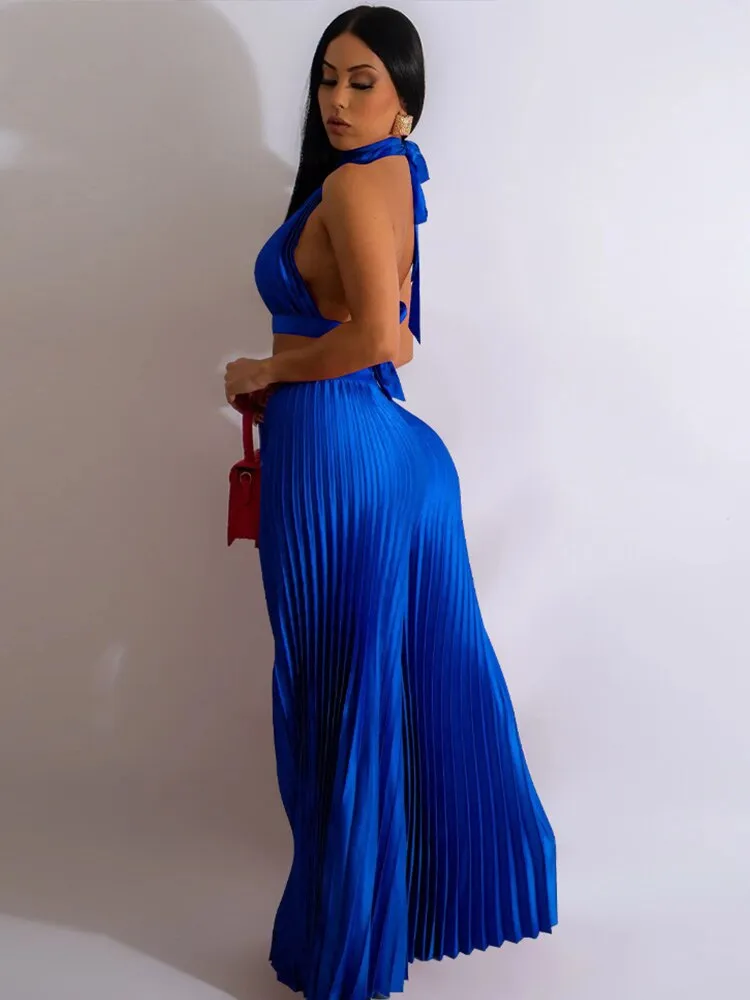 Znbbw Women Pleated Halter Lace Up Sleeveless Pant Suits 2023 Summer New Party Outfits Lady Fashion Top Wide Leg Pants Two Piece Set - Image 2