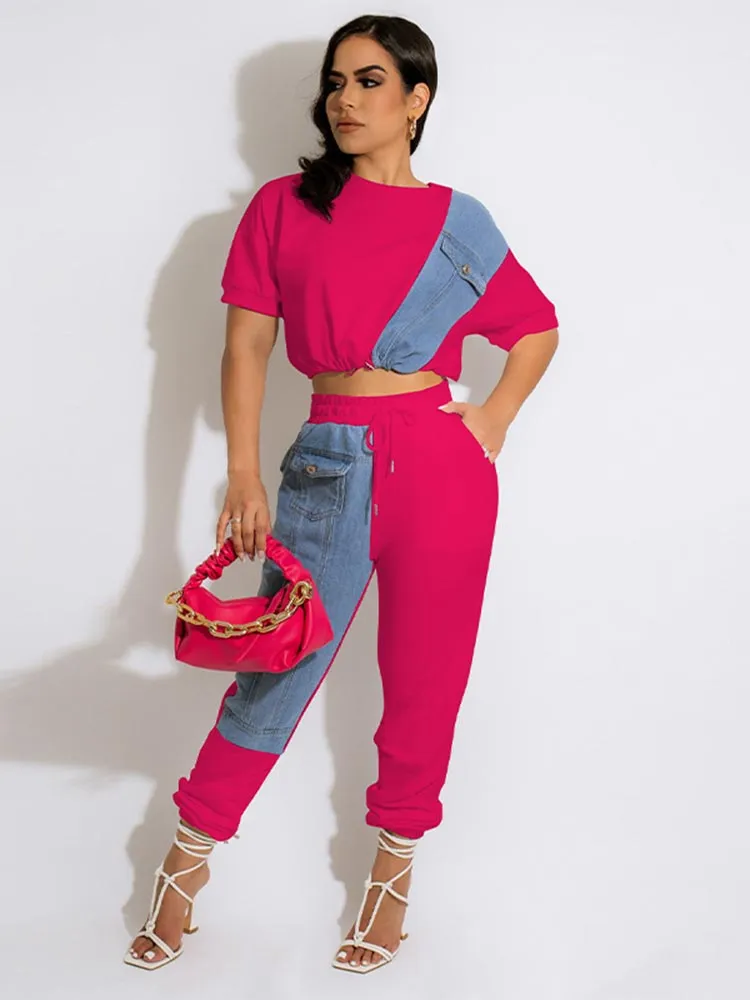 Znbbw Jean Patchwork Women Two 2 Piece Set 2023 Summer Tee And Jogger Pants Matching Set Female Suits - Image 2