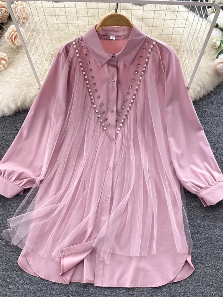 Znbbw Autumn High-end Mesh Gauze Studded Beads POLO Collar Dress Female Cold Wind White Temperament Shirt Top Women Blouse D1489 - Image 7