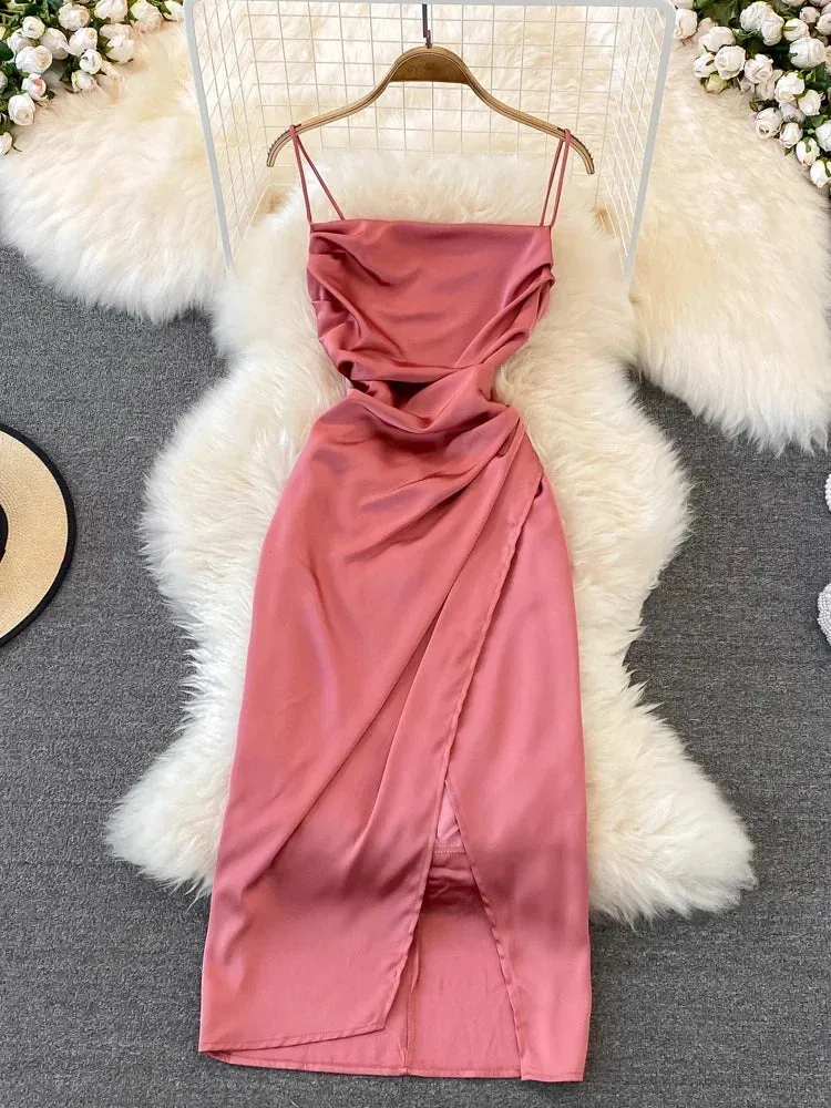 Znbbw Women Summer Dress Vintage High-waisted Slim Suspender Pleated Sleeveless Backless A-line Dress Elegant Split Dress D3196 - Image 3