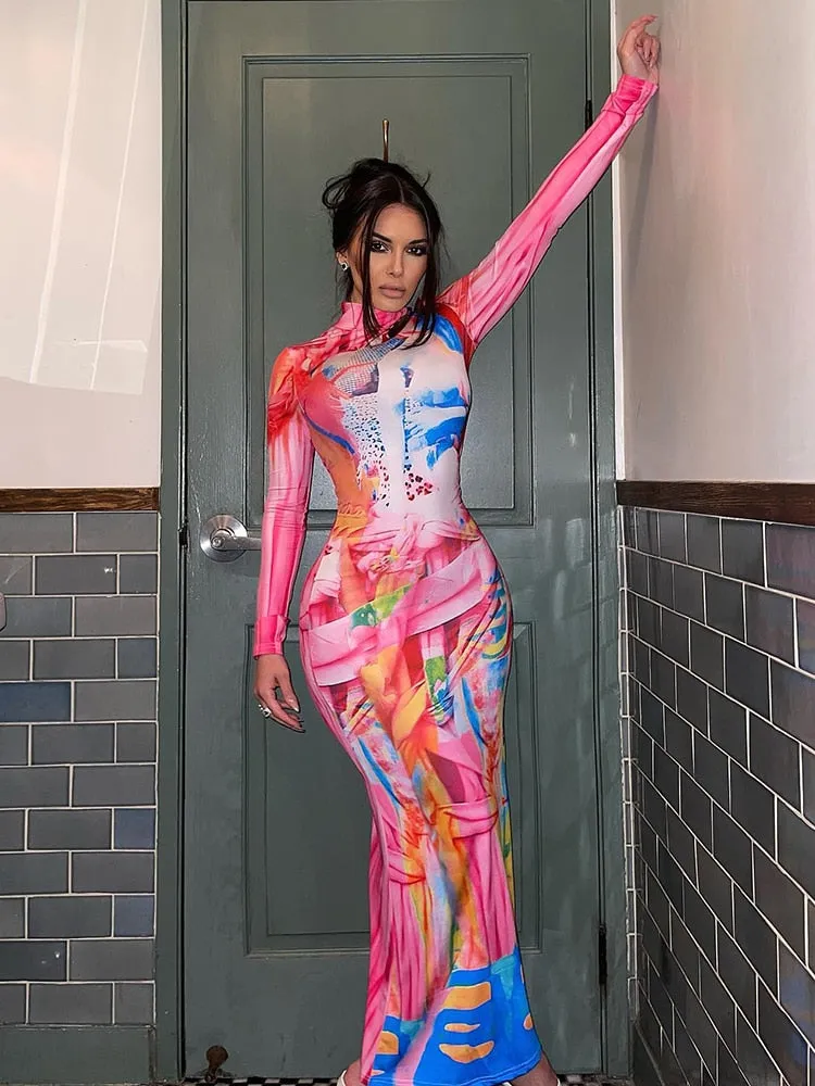 Znbbw Women Fashion Long Sleeve Bodycon Printed Streetwear Long Dress 2023 Fall Clothing Wholesale Items For Business - Image 2