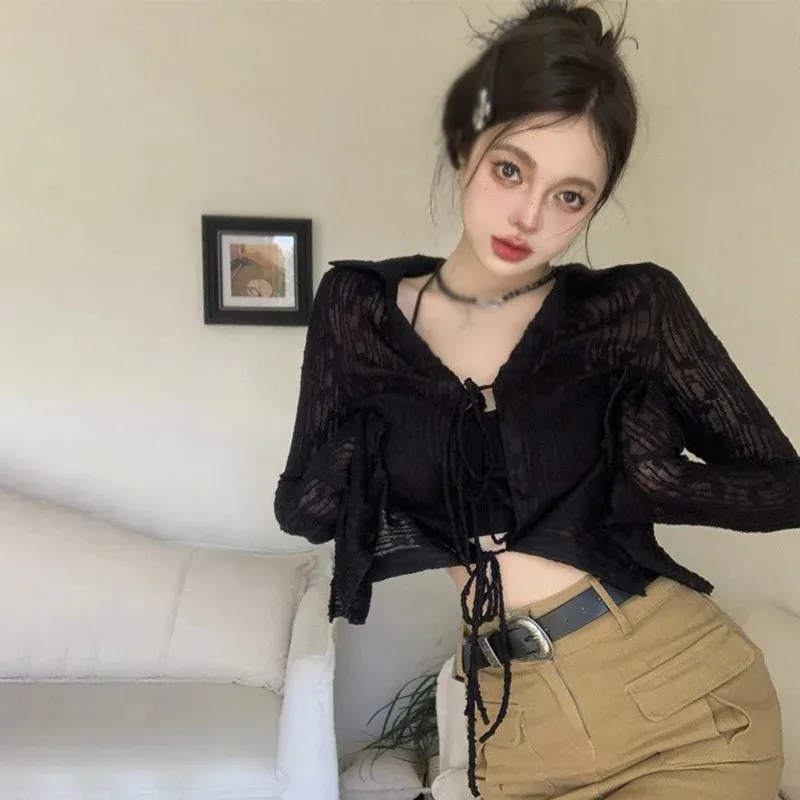 Znbbw Women's top Waist up Slim fitting Women's coat Air-conditioned shirt Sunscreen Cardigan Lace Lace up T-shirt - Image 8