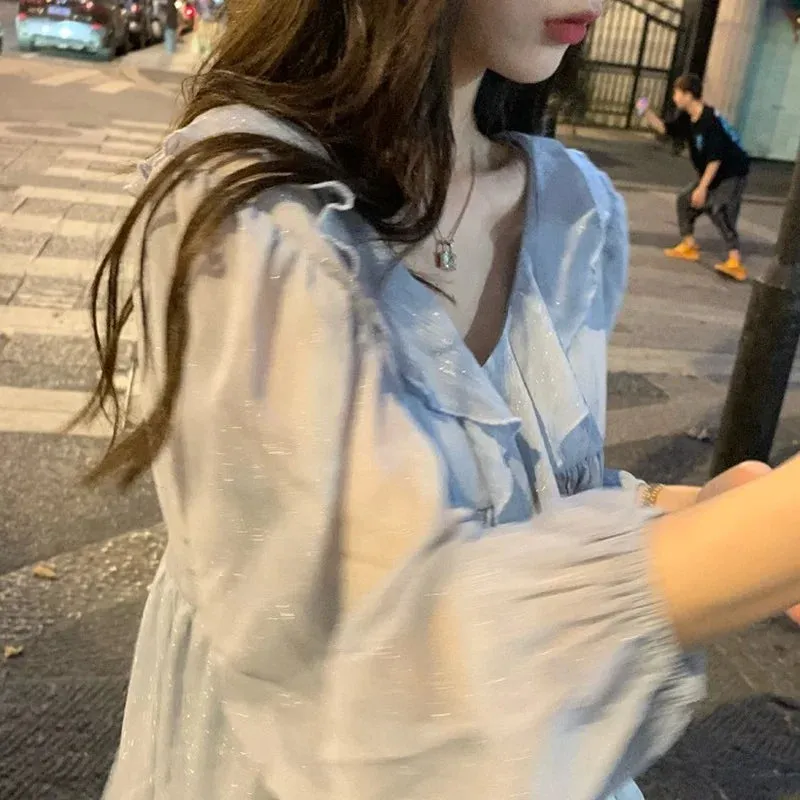 Znbbw Autumn Sweet Elegant Chiffon Blouse Women Blue Casual Korean Fashion Blouse Female Ruffle High Street Designer Clothing New - Image 3