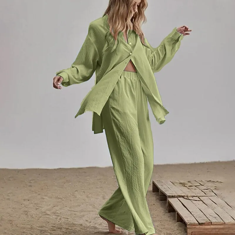 Znbbw Women 2 Pieces Set Long Sleeve Lapel Shirts And Elastic High Wasit Pants Summer Autumn Loose Elegant Women Sets Suit Outifits - Image 3