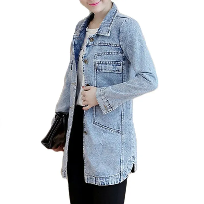 Znbbw Autumn Winter Korean Denim Jacket 5XL Women Slim Long Base Coat Women's Frayed Navy Blue Casual Female Jeans Jackets Coats - Image 3