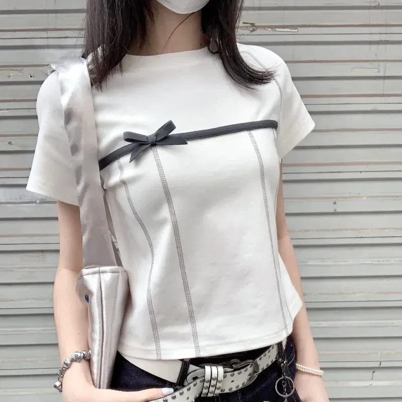 Znbbw Y2k T Shirts Short Sleeve Bow Patchwork Aesthetics Female Slim Crop Tops Summer Preppy Style 2000s Design Girl Clothing - Image 2